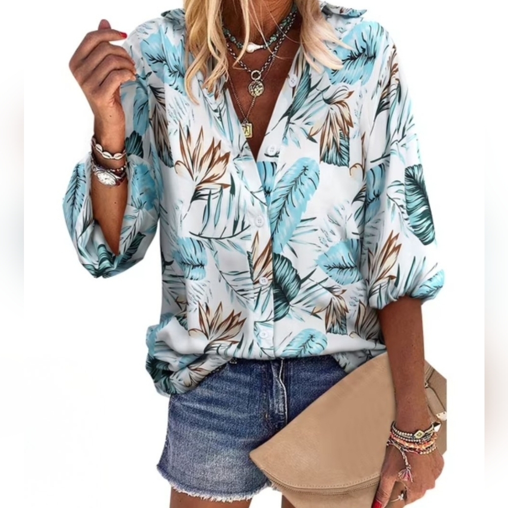 Amazon Tropical Print Button-Up Blouse Size L Lightweight 2471-G